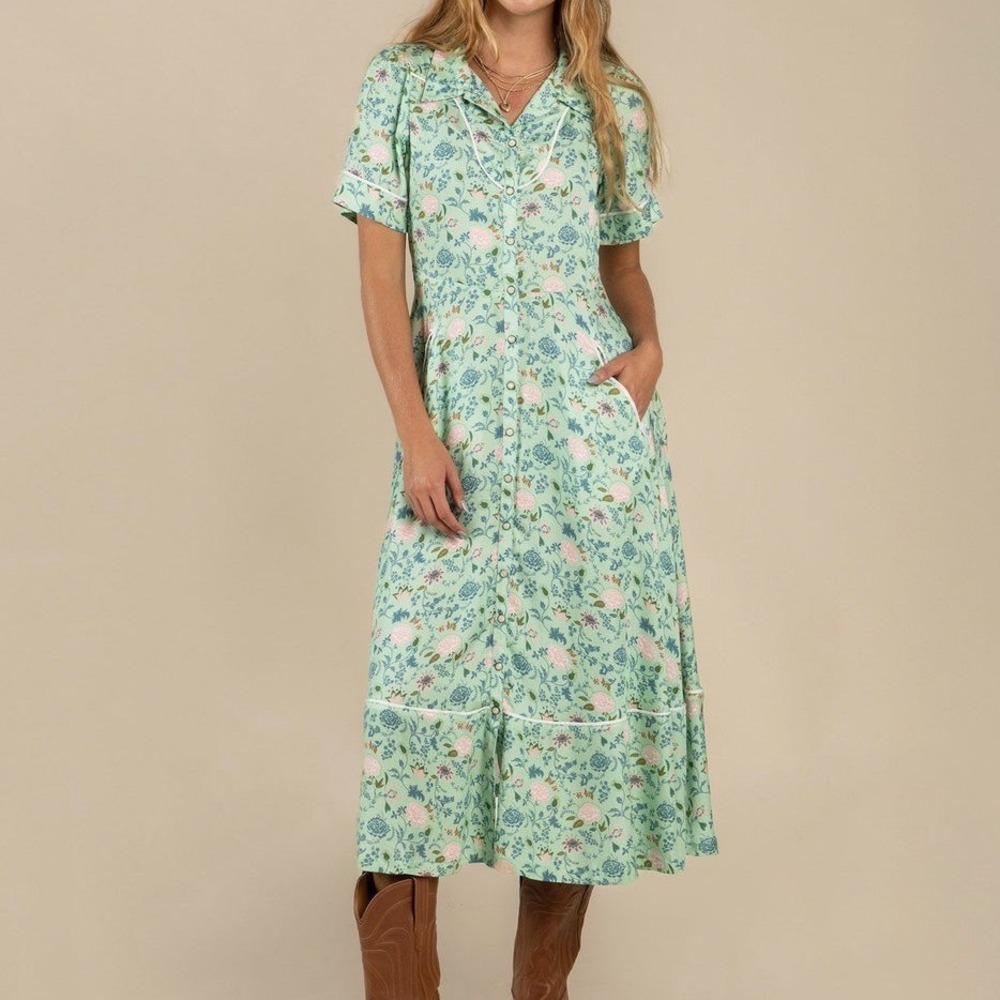 Sendero La Dahlia Dress Mint Floral Pearl Snap Short Sleeve Midi Pockets L